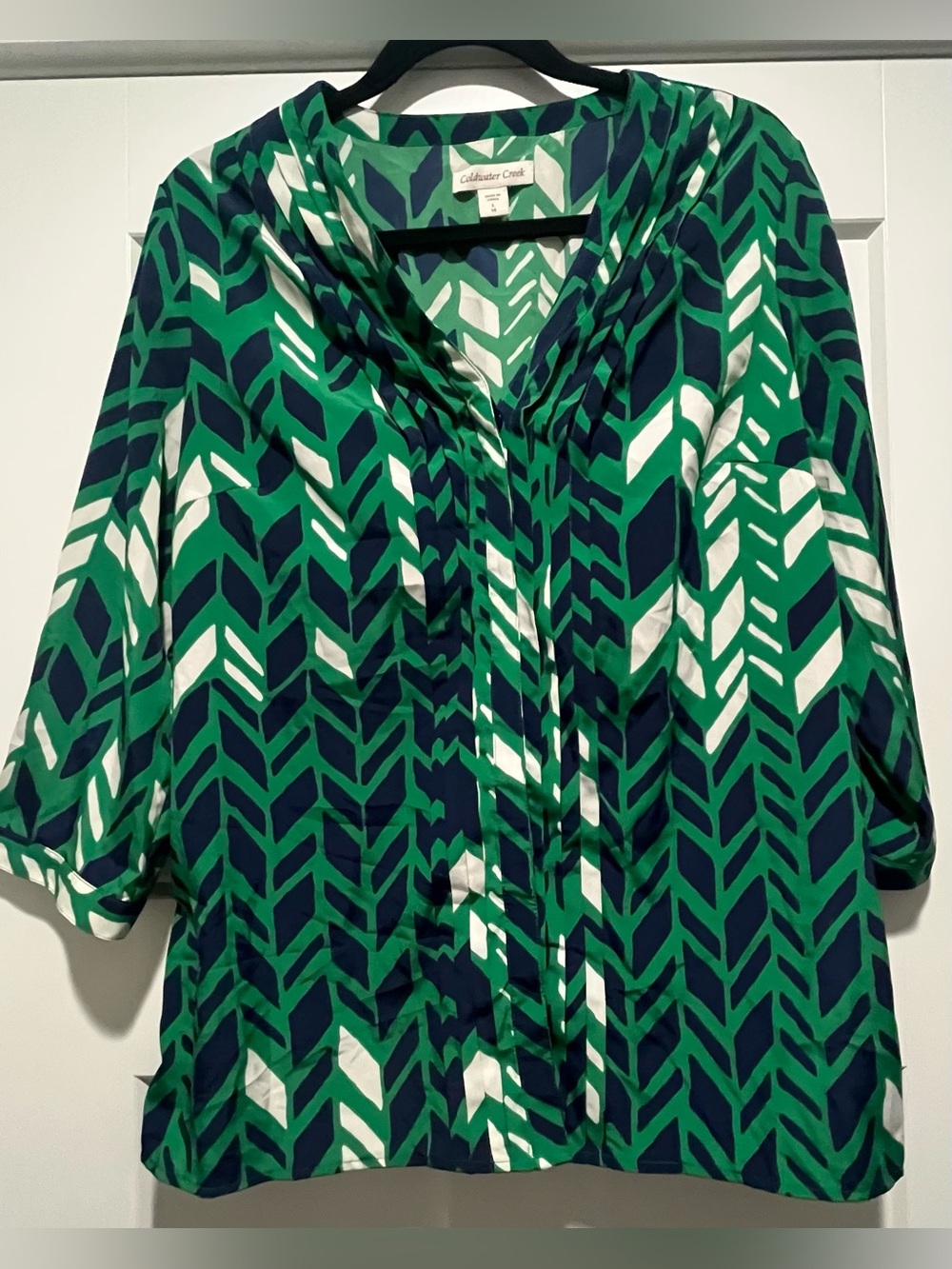 Coldwater Creek “Ripple Effects” Pintuck Blouse Navy Green White Size Large